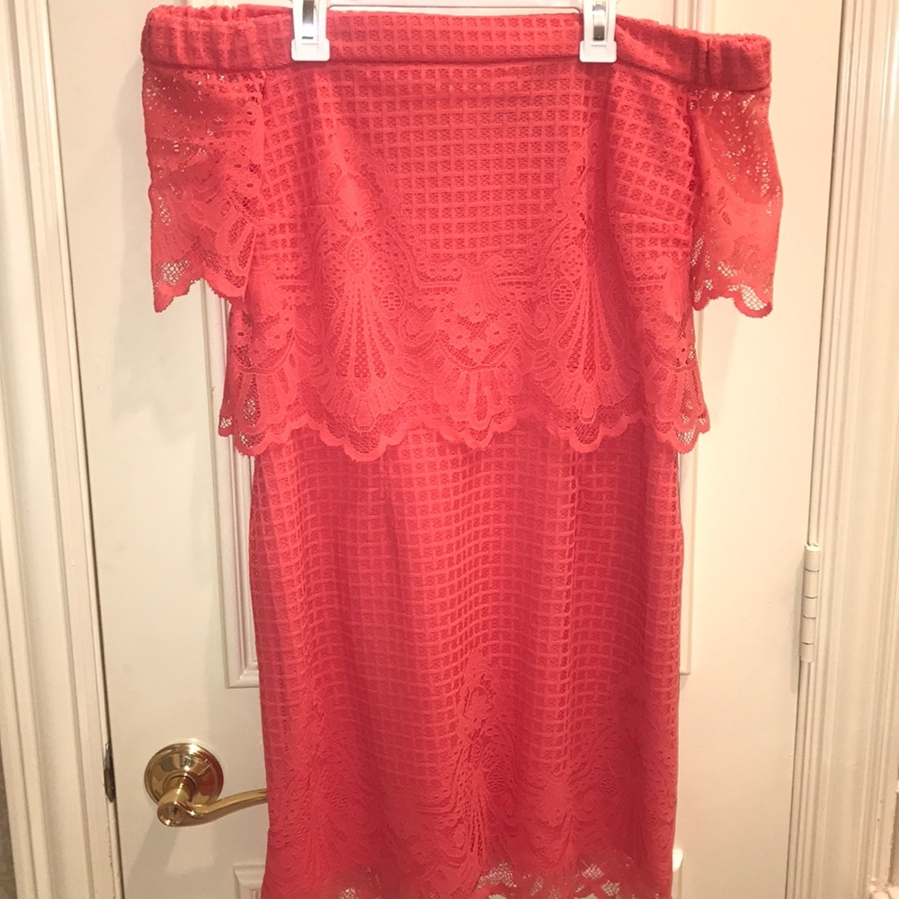 Topshop Coral Lace Off the Shoulder Dress